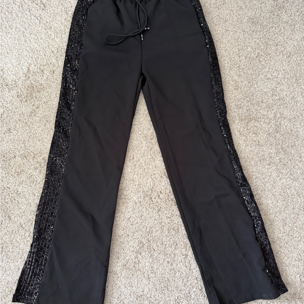 JAKI Italy Sequin Side Stripe Pants NWT Black Wide Leg S/M Made in Italy